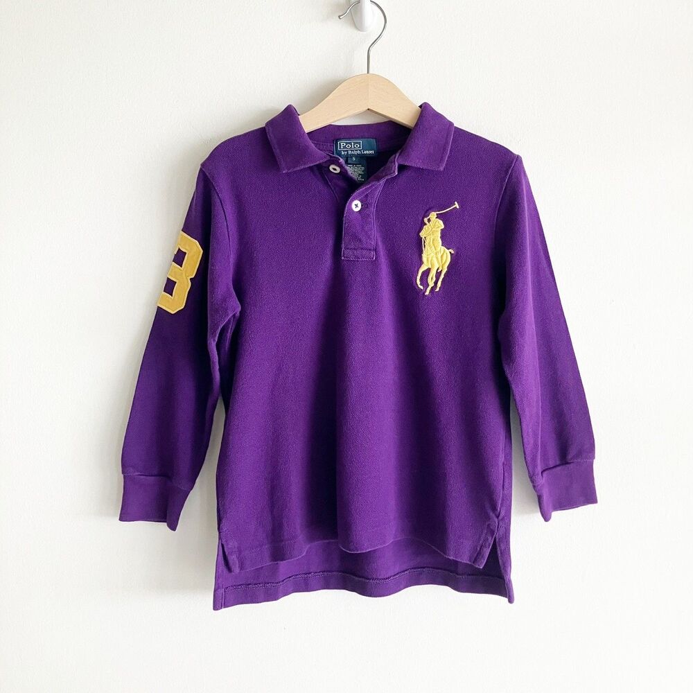 Polo by Ralph Lauren Big Pony Rugby Shirt Boys Size 5 Purple Logo 3 Patch